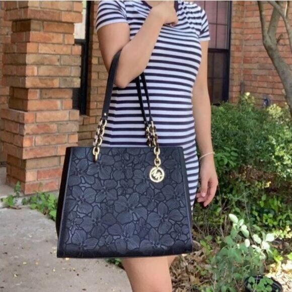 Authentic Michael Kors Black Saffiano Leather Floral Embossed Shoulder Bag - Picture 14 of 14